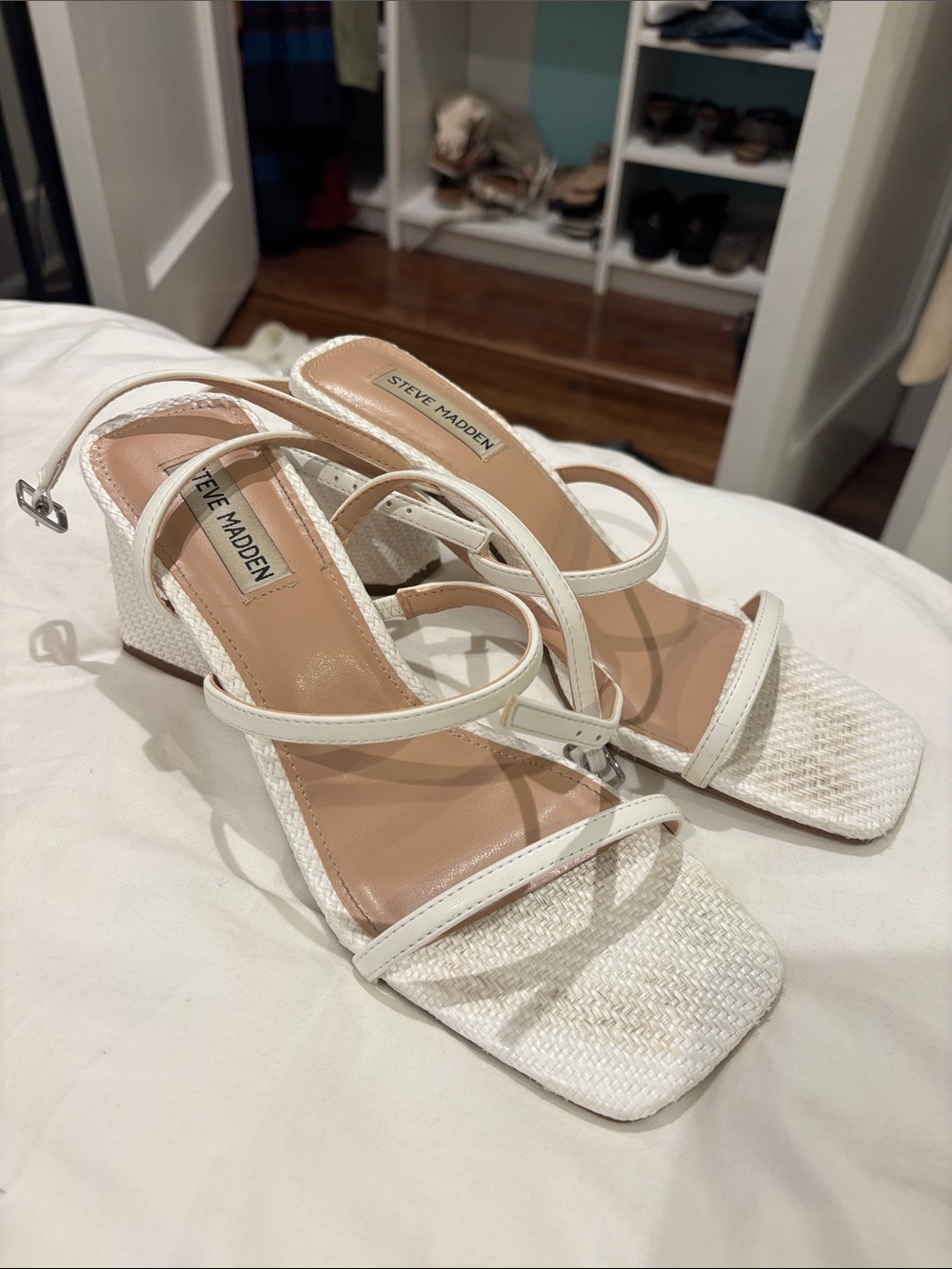 Steve Madden White Strappy Block Heel Sandals with Woven Toe